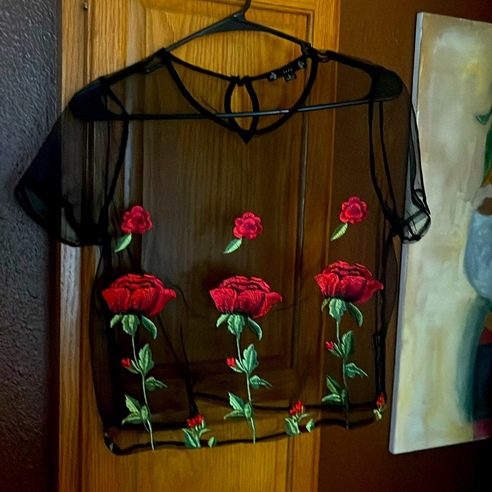 Black see through top air embroidered roses